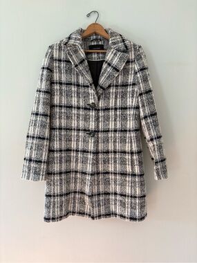Tahari Black White Plaid Wool Blend Car Coat Jacket Mid Length Size M Medium